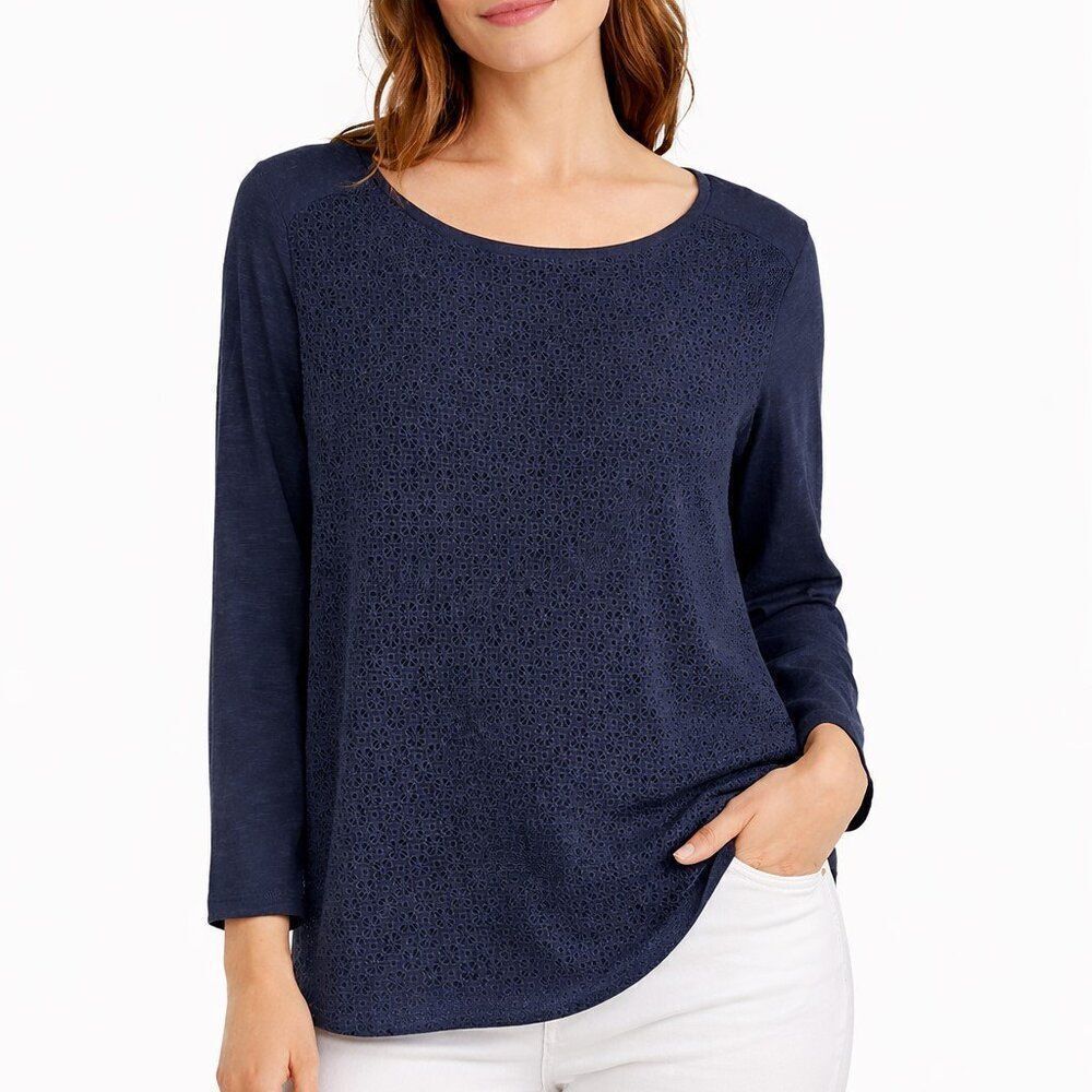 LOFT Eyelet 3/4 Sleeve Tee size Large Navy Blue Pullover Preppy Casual Top